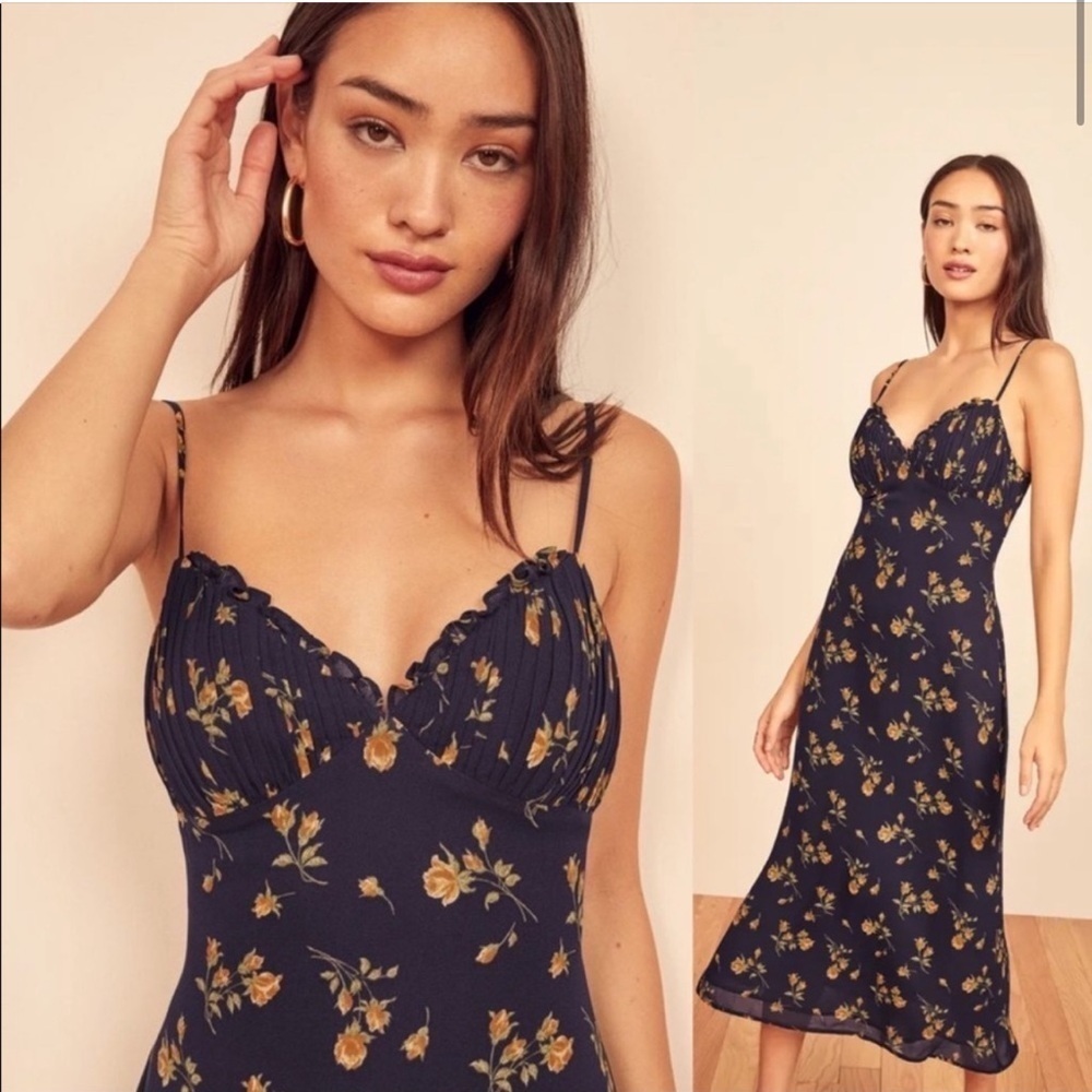 Reformation Fawn Dress Parma Navy Blue Floral Size 12